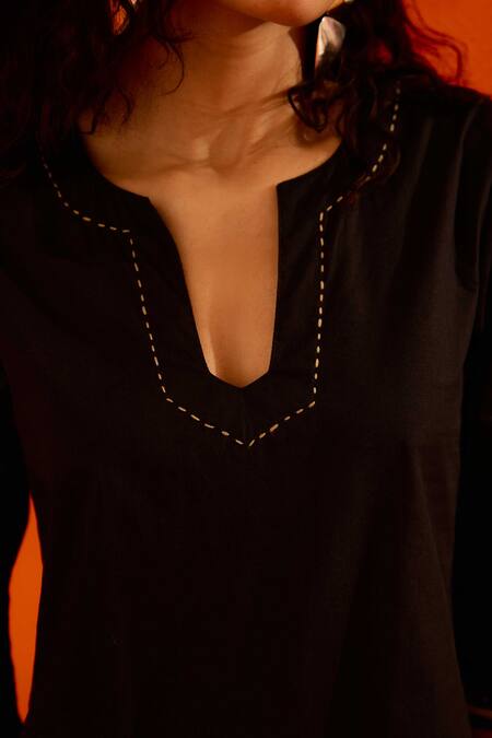 Indian Summer Story Black Cotton, Poplin Embroidery Split V-neck Thread Dress at Aza Fashions Indian Summer Story_Black Cotton, Poplin Embroidery Split V-neck Thread Dress _at_Aza_Fashions