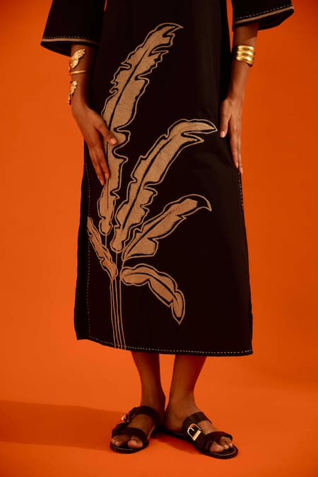 Buy Indian Summer Story Black Cotton, Poplin Embroidery Split V-neck Thread Dress Buy_Indian Summer Story_Black Cotton, Poplin Embroidery Split V-neck Thread Dress