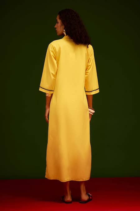 Indian Summer Story Mango Yellow Cotton Thread Embroidered Dress 