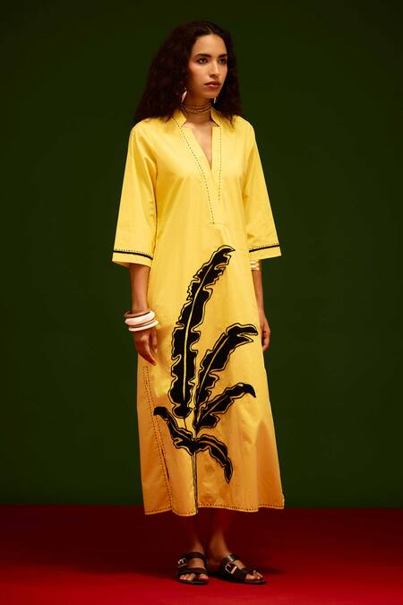Indian Summer Story_Yellow Cotton, Poplin Embroidery Split V-neck Mango Thread Dress _Online_at_Aza_Fashions