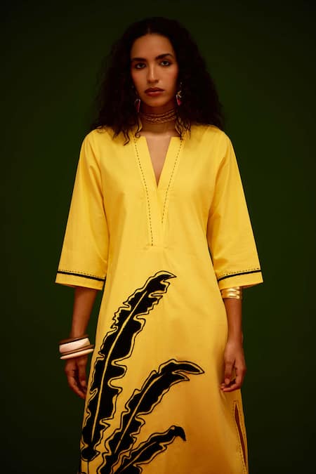 Buy_Indian Summer Story_Yellow Cotton, Poplin Embroidery Split V-neck Mango Thread Dress _Online_at_Aza_Fashions