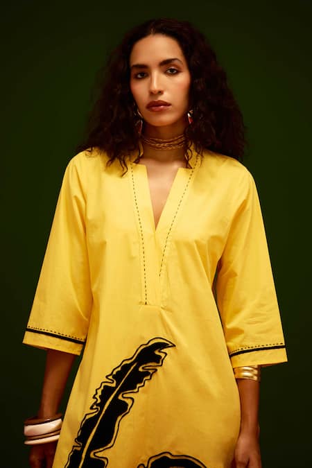 Shop_Indian Summer Story_Yellow Cotton, Poplin Embroidery Split V-neck Mango Thread Dress _Online_at_Aza_Fashions