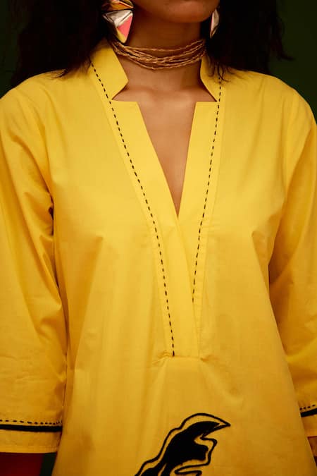 Buy_Indian Summer Story_Yellow Cotton, Poplin Embroidery Split V-neck Mango Thread Dress 