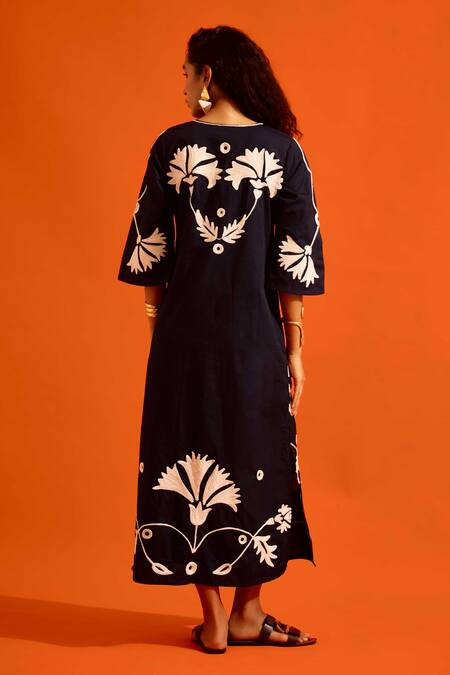 Shop Indian Summer Story Black Cotton Embroidery Split V-neck Botanical Dress at Aza Fashions Shop_Indian Summer Story_Black Cotton Embroidery Split V-neck Botanical Dress _at_Aza_Fashions