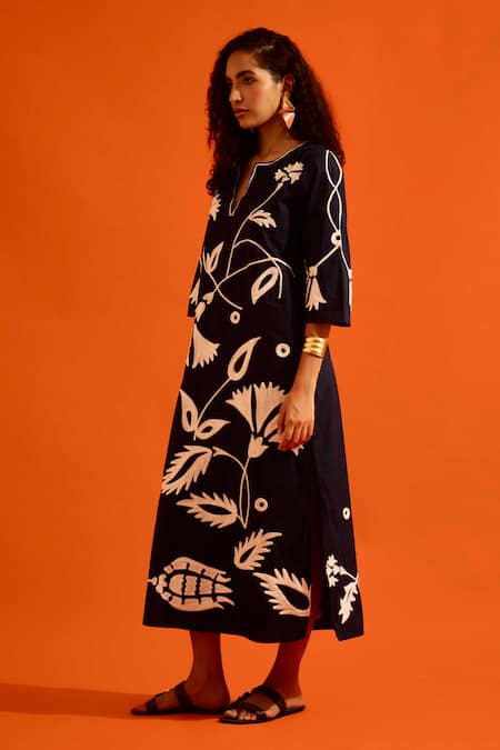 Shop Indian Summer Story Black Cotton Embroidery Split V-neck Botanical Dress Online at Aza Fashions Shop_Indian Summer Story_Black Cotton Embroidery Split V-neck Botanical Dress _Online_at_Aza_Fashions
