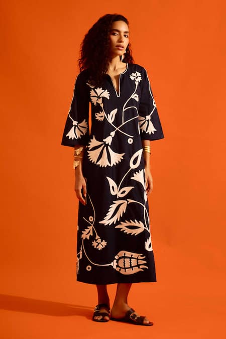 Indian Summer Story Black Cotton Embroidery Split V-neck Botanical Dress at Aza Fashions Indian Summer Story_Black Cotton Embroidery Split V-neck Botanical Dress _at_Aza_Fashions