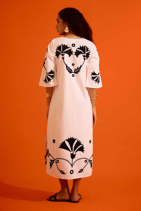 Shop Indian Summer Story Ivory Poplin Embroidery Split V-neck Botanical Dress at Aza Fashions Shop_Indian Summer Story_Ivory Poplin Embroidery Split V-neck Botanical Dress _at_Aza_Fashions
