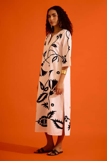 Indian Summer Story Ivory Poplin Embroidery Split V-neck Botanical Dress Online at Aza Fashions Indian Summer Story_Ivory Poplin Embroidery Split V-neck Botanical Dress _Online_at_Aza_Fashions