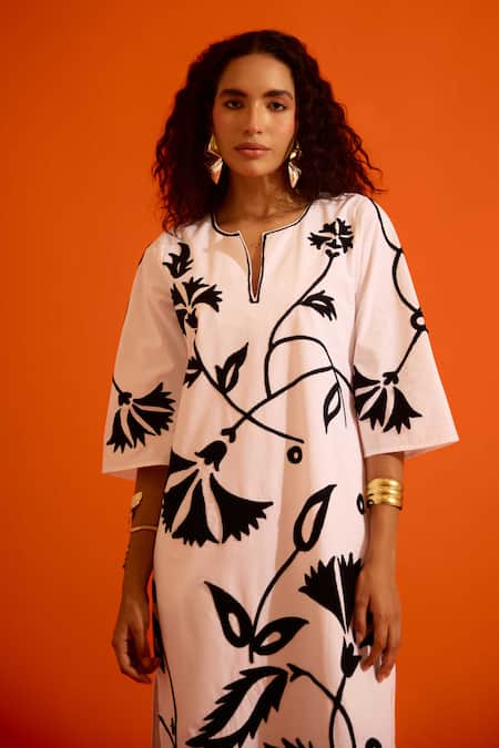 Buy Indian Summer Story Ivory Poplin Embroidery Split V-neck Botanical Dress Online at Aza Fashions Buy_Indian Summer Story_Ivory Poplin Embroidery Split V-neck Botanical Dress _Online_at_Aza_Fashions