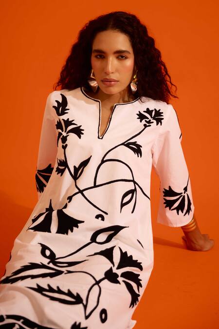 Shop Indian Summer Story Ivory Poplin Embroidery Split V-neck Botanical Dress Online at Aza Fashions Shop_Indian Summer Story_Ivory Poplin Embroidery Split V-neck Botanical Dress _Online_at_Aza_Fashions