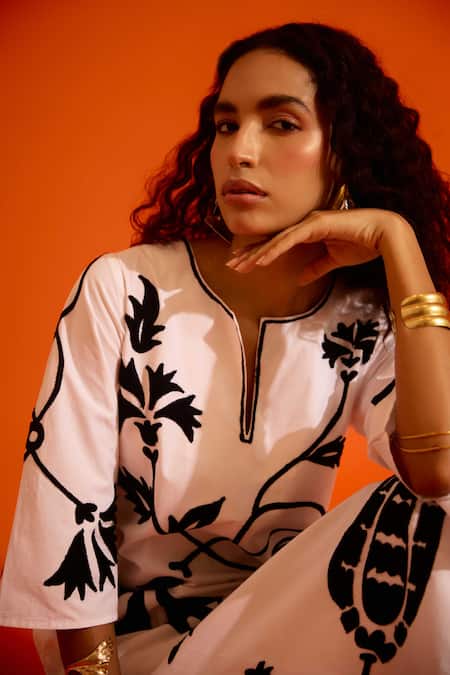 Buy Indian Summer Story Ivory Poplin Embroidery Split V-neck Botanical Dress Buy_Indian Summer Story_Ivory Poplin Embroidery Split V-neck Botanical Dress