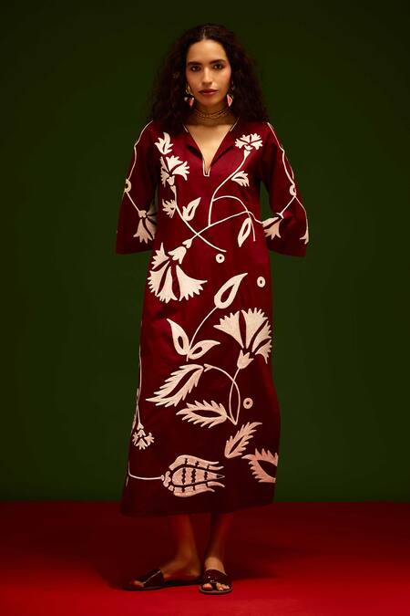 Indian Summer Story_Maroon Cotton, Poplin Embroidery V-neck Botanical Thread Dress _Online_at_Aza_Fashions