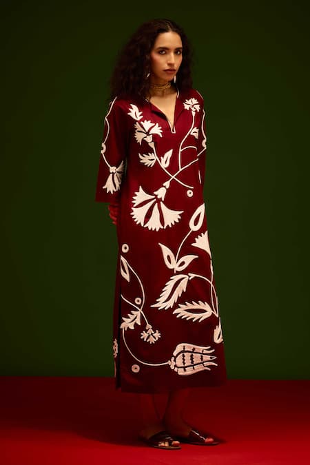 Shop_Indian Summer Story_Maroon Cotton, Poplin Embroidery V-neck Botanical Thread Dress _Online_at_Aza_Fashions
