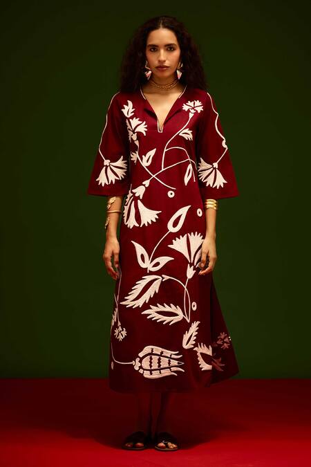 Indian Summer Story_Maroon Cotton, Poplin Embroidery V-neck Botanical Thread Dress _at_Aza_Fashions