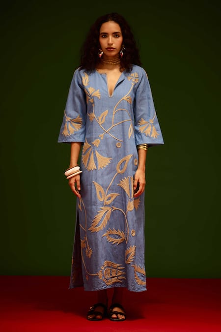Indian Summer Story Blue Denim Embroidery V-neck Natural Botanical Thread Dress 