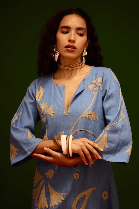 Indian Summer Story Blue Denim Embroidery V-neck Natural Botanical Thread Dress Online at Aza Fashions Indian Summer Story_Blue Denim Embroidery V-neck Natural Botanical Thread Dress _Online_at_Aza_Fashions