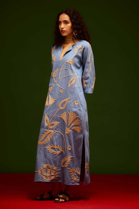 Buy Indian Summer Story Blue Denim Embroidery V-neck Natural Botanical Thread Dress Online at Aza Fashions Buy_Indian Summer Story_Blue Denim Embroidery V-neck Natural Botanical Thread Dress _Online_at_Aza_Fashions