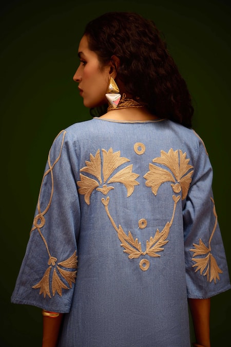 Shop Indian Summer Story Blue Denim Embroidery V-neck Natural Botanical Thread Dress at Aza Fashions Shop_Indian Summer Story_Blue Denim Embroidery V-neck Natural Botanical Thread Dress _at_Aza_Fashions