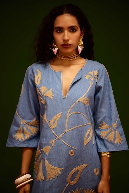 Shop Indian Summer Story Blue Denim Embroidery V-neck Natural Botanical Thread Dress Online at Aza Fashions Shop_Indian Summer Story_Blue Denim Embroidery V-neck Natural Botanical Thread Dress _Online_at_Aza_Fashions