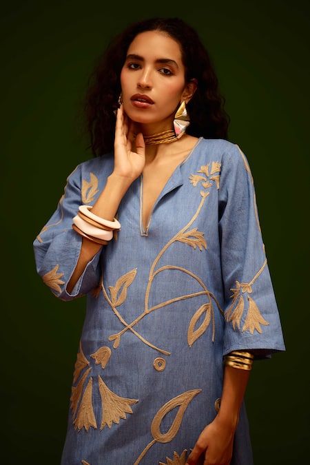 Indian Summer Story Blue Denim Embroidery V-neck Natural Botanical Thread Dress at Aza Fashions Indian Summer Story_Blue Denim Embroidery V-neck Natural Botanical Thread Dress _at_Aza_Fashions