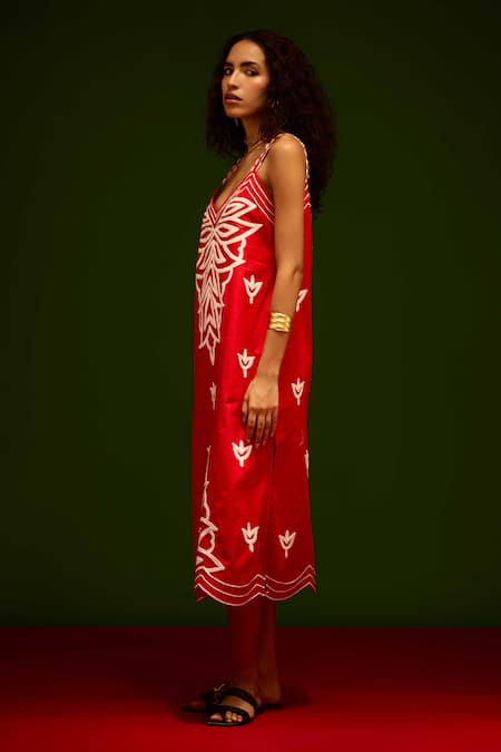 Indian Summer Story_Red Cotton, Poplin Embroidery V-neck Flame Thread Dress _Online_at_Aza_Fashions