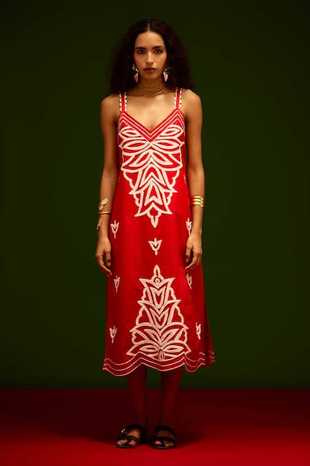 Shop_Indian Summer Story_Red Cotton, Poplin Embroidery V-neck Flame Thread Dress _Online_at_Aza_Fashions