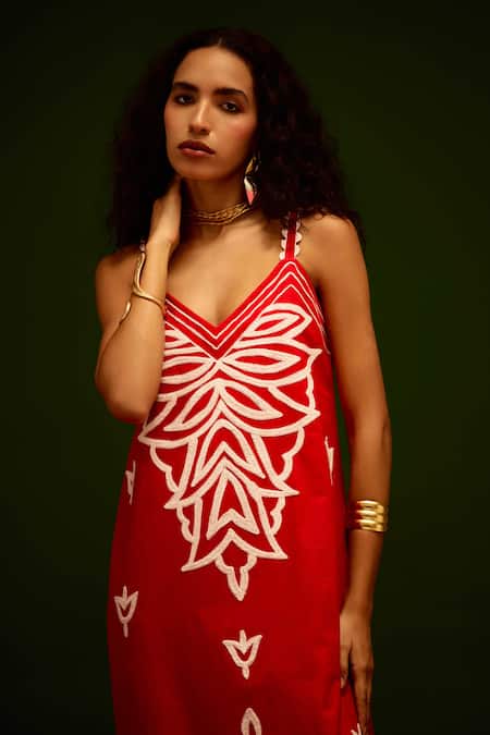 Indian Summer Story_Red Cotton, Poplin Embroidery V-neck Flame Thread Dress _at_Aza_Fashions