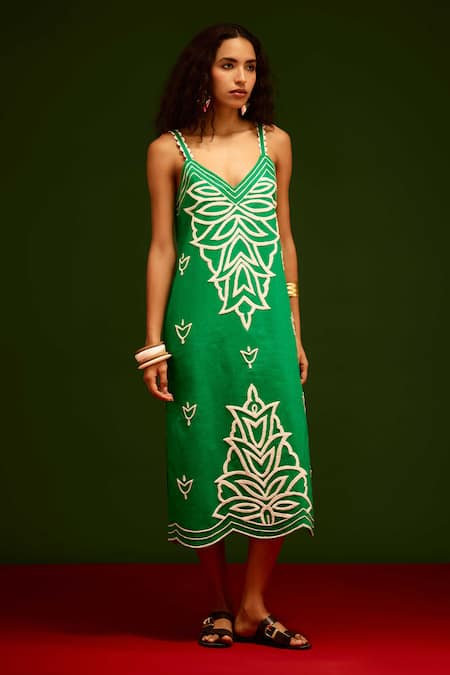 Indian Summer Story Green Cotton, Poplin Embroidery V-neck Flame Thread Dress 
