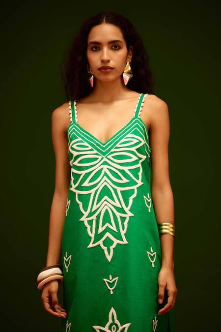 Shop_Indian Summer Story_Green Cotton, Poplin Embroidery V-neck Flame Thread Dress _Online_at_Aza_Fashions