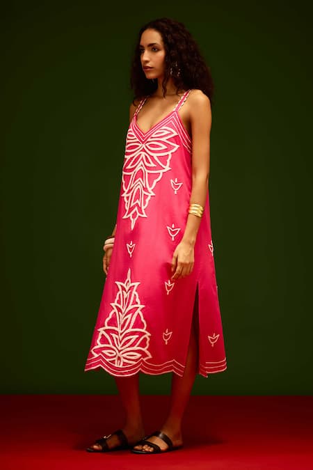 Indian Summer Story_Fuchsia Cotton, Poplin Embroidery V-neck Flame Thread Dress _Online_at_Aza_Fashions