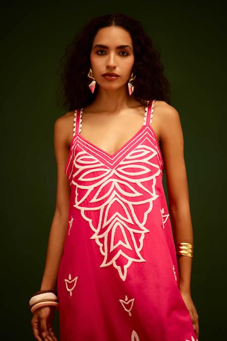 Shop_Indian Summer Story_Fuchsia Cotton, Poplin Embroidery V-neck Flame Thread Dress _Online_at_Aza_Fashions