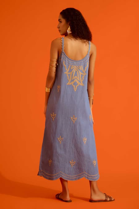 Indian Summer Story Denim Flame Thread Embroidered Dress 