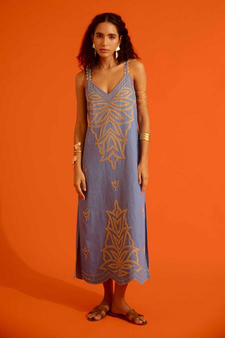 Indian Summer Story Blue Denim Embroidery V-neck Flame Thread Dress Online at Aza Fashions Indian Summer Story_Blue Denim Embroidery V-neck Flame Thread Dress _Online_at_Aza_Fashions