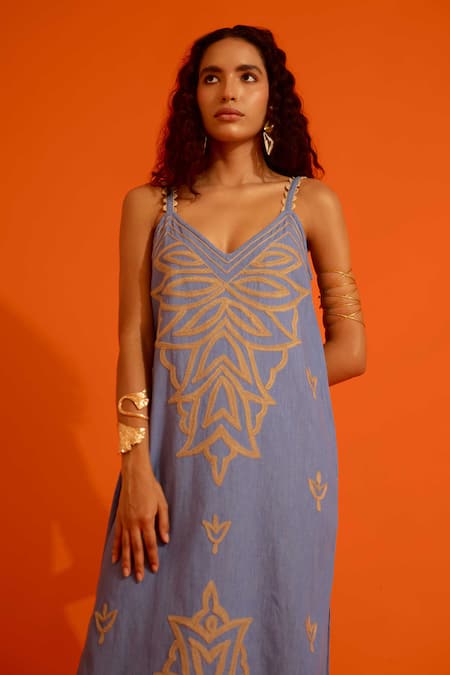Buy Indian Summer Story Blue Denim Embroidery V-neck Flame Thread Dress Online at Aza Fashions Buy_Indian Summer Story_Blue Denim Embroidery V-neck Flame Thread Dress _Online_at_Aza_Fashions
