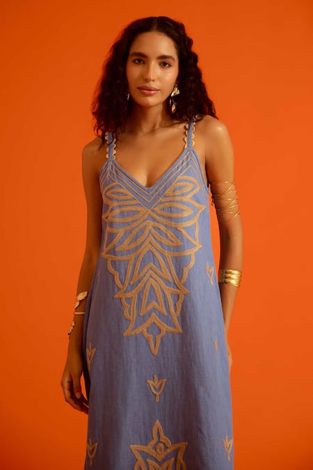 Shop Indian Summer Story Blue Denim Embroidery V-neck Flame Thread Dress Online at Aza Fashions Shop_Indian Summer Story_Blue Denim Embroidery V-neck Flame Thread Dress _Online_at_Aza_Fashions