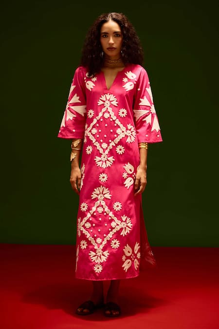 Indian Summer Story_Fuchsia Cotton Embroidery Split V-neck Thread Dress _Online_at_Aza_Fashions
