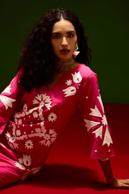 Shop_Indian Summer Story_Fuchsia Cotton Embroidery Split V-neck Thread Dress _Online_at_Aza_Fashions