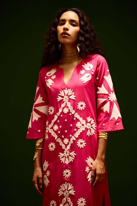 Indian Summer Story_Fuchsia Cotton Embroidery Split V-neck Thread Dress _at_Aza_Fashions