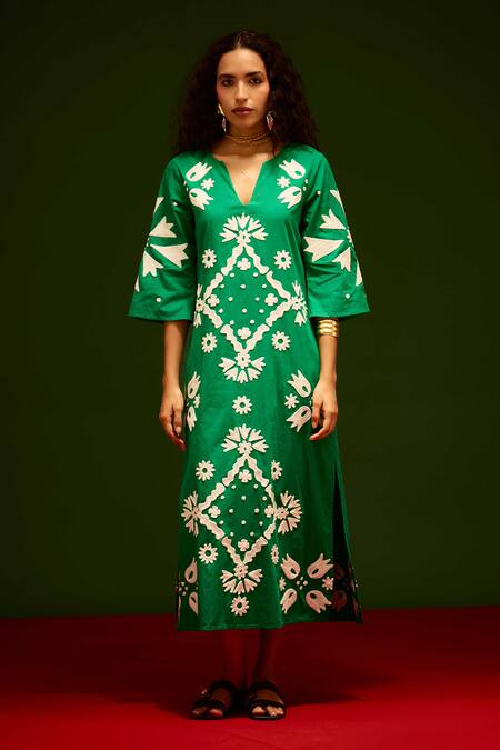 Indian Summer Story_Green Cotton, Poplin Embroidery Split V-neck Sitara Thread Dress _Online_at_Aza_Fashions
