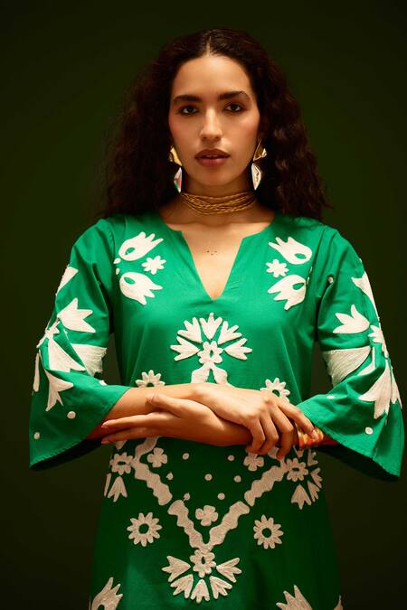 Shop_Indian Summer Story_Green Cotton, Poplin Embroidery Split V-neck Sitara Thread Dress _Online_at_Aza_Fashions