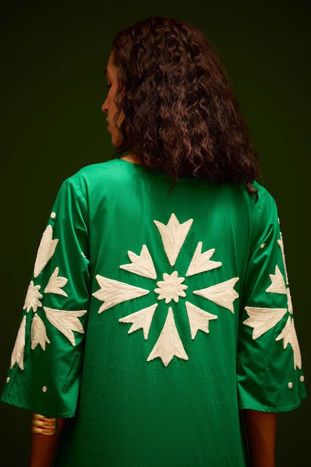 Indian Summer Story_Green Cotton, Poplin Embroidery Split V-neck Sitara Thread Dress _at_Aza_Fashions