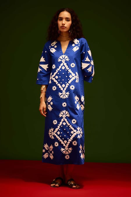 Indian Summer Story Blue Cotton Embroidery V-neck Sitara Thread Dress 