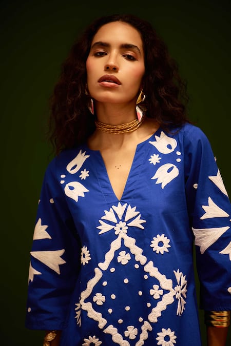 Shop_Indian Summer Story_Blue Cotton Embroidery V-neck Sitara Thread Dress _Online_at_Aza_Fashions