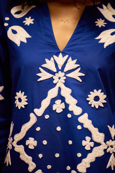 Indian Summer Story_Blue Cotton Embroidery V-neck Sitara Thread Dress _at_Aza_Fashions