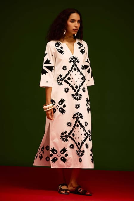 Indian Summer Story_Ivory Cotton, Poplin Embroidery Split V-neck Sitara Thread Dress _Online_at_Aza_Fashions