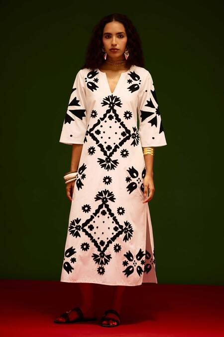 Indian Summer Story_Ivory Cotton, Poplin Embroidery Split V-neck Sitara Thread Dress _at_Aza_Fashions