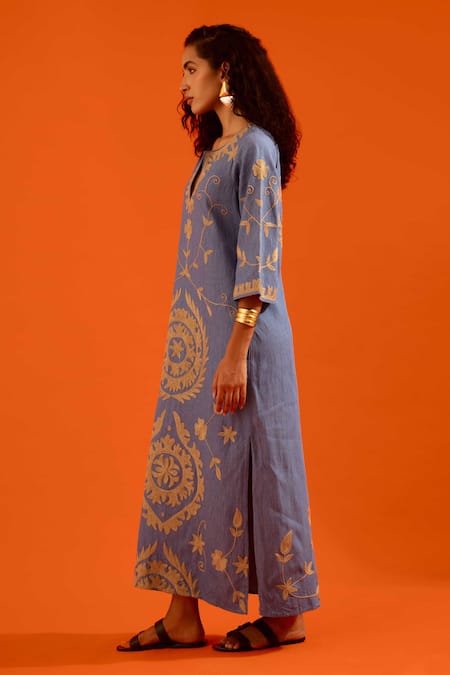 Indian Summer Story_Blue Denim Embroidery Split V-neck Wave Thread Dress _Online_at_Aza_Fashions