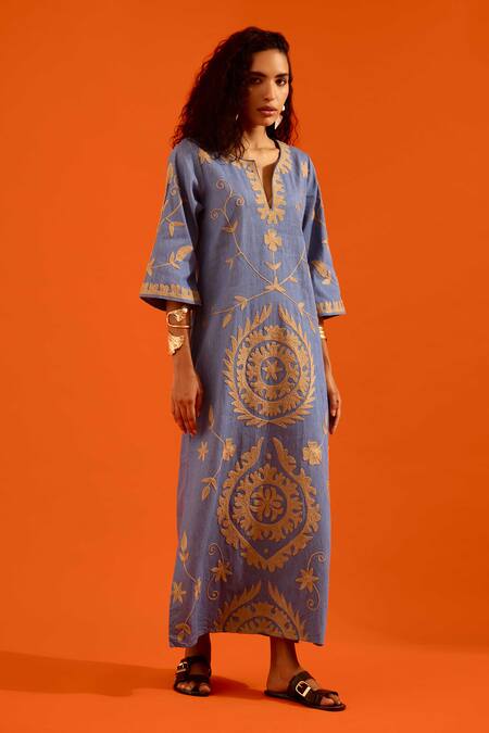 Shop_Indian Summer Story_Blue Denim Embroidery Split V-neck Wave Thread Dress _Online_at_Aza_Fashions