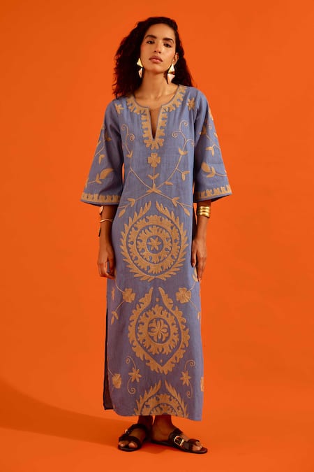 Indian Summer Story_Blue Denim Embroidery Split V-neck Wave Thread Dress _at_Aza_Fashions