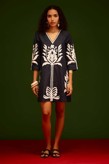 Indian Summer Story_Navy Denim Embroidery V-neck Tulip Thread Dress _Online_at_Aza_Fashions